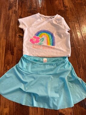 Cat and Jack white 'Stay Sunny' Rainbow rashguardwith Aqua Swim Skirt 10/12